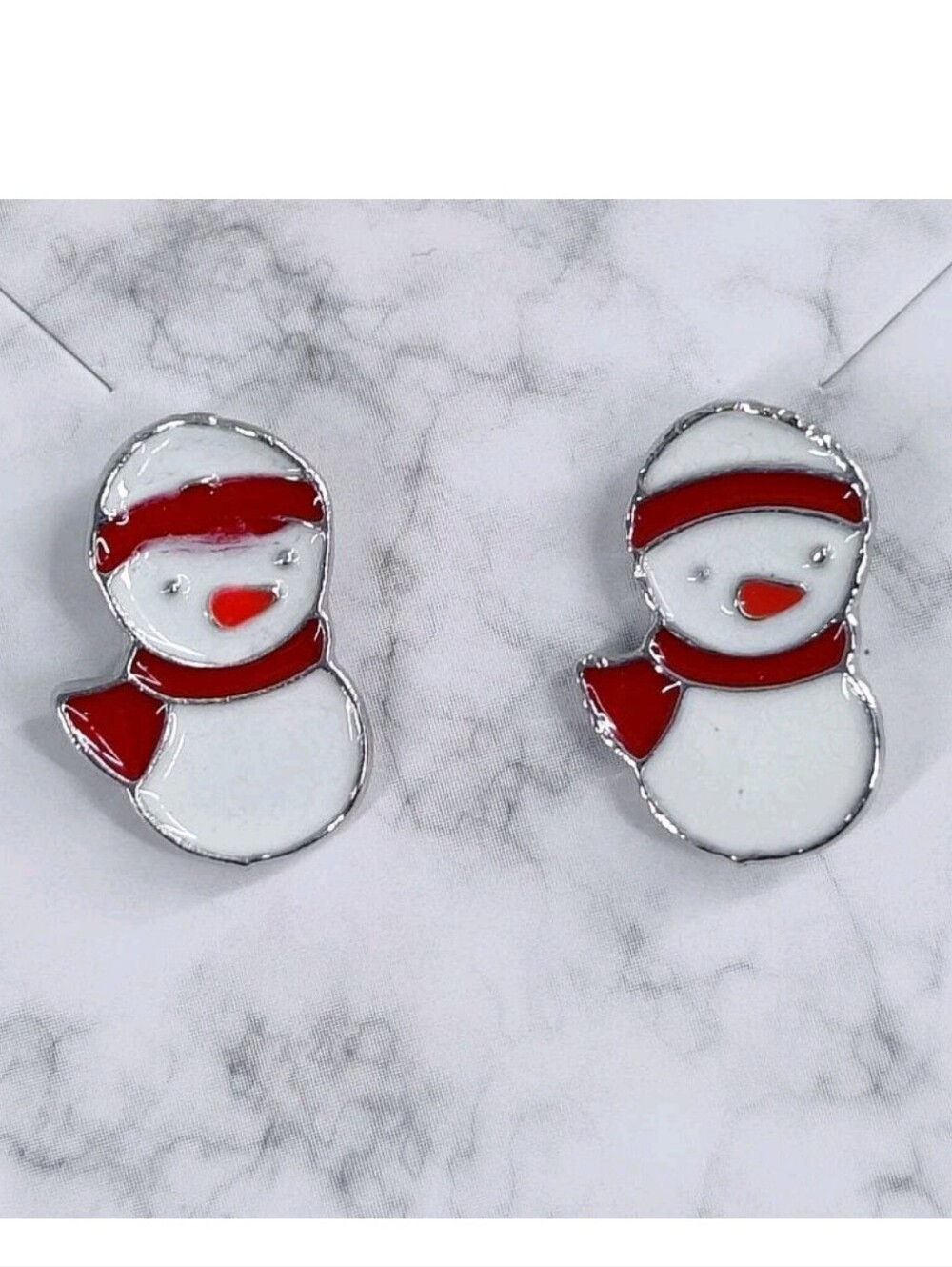 Snowman Stud Earrings Silver Tone Red and White Enamel Holiday Jewelry Christmas